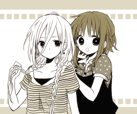 2girls :o anzu_(o6v6o) bangs braid collarbone collared_shirt earrings expressionless gumi hair_between_eyes hands_on_another's_shoulders holding holding_hair ia_(vocaloid) jewelry long_hair looking_at_viewer monochrome multiple_girls polka_dot polka_dot_shirt sepia shirt short_hair_with_long_locks short_sleeves side_braid striped striped_shirt twin_braids upper_body vocaloid