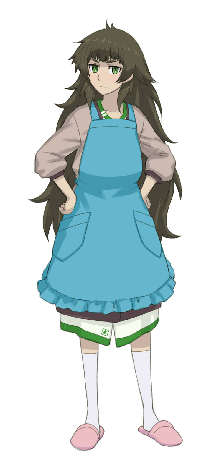 1girl apron black_hair green_eyes hands_on_hips highres hiyajou_maho long_hair looking_at_viewer menomorute slippers socks solo steins;gate steins;gate_0 very_long_hair white_legwear