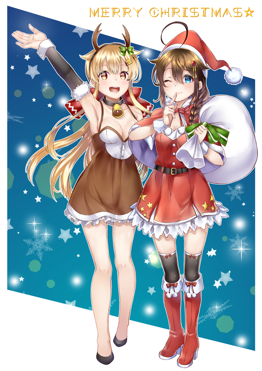 2girls :d ahoge animal_costume antlers arm_up armpits bare_legs bare_shoulders bell black_footwear black_legwear blonde_hair blue_eyes blush boots braid breasts brown_dress brown_hair capelet christmas closed_mouth collar collarbone commentary_request detached_sleeves dress frilled_dress frills full_body fur-trimmed_capelet fur-trimmed_sleeves fur_trim green_ribbon hair_flaps hair_ornament hair_over_shoulder hairband hairclip hat high_heel_boots high_heels highres holding holding_sack index_finger_raised kantai_collection knee_boots long_hair long_sleeves looking_at_viewer mashiro_aa merry_christmas multiple_girls one_eye_closed open_mouth pom_pom_(clothes) red_capelet red_dress red_footwear red_hat reindeer_antlers reindeer_costume ribbon sack santa_costume santa_hat shigure_(kantai_collection) side-by-side single_braid small_breasts smile spaghetti_strap star teeth thigh-highs thighs wrist_cuffs yellow_eyes yuudachi_(kantai_collection)