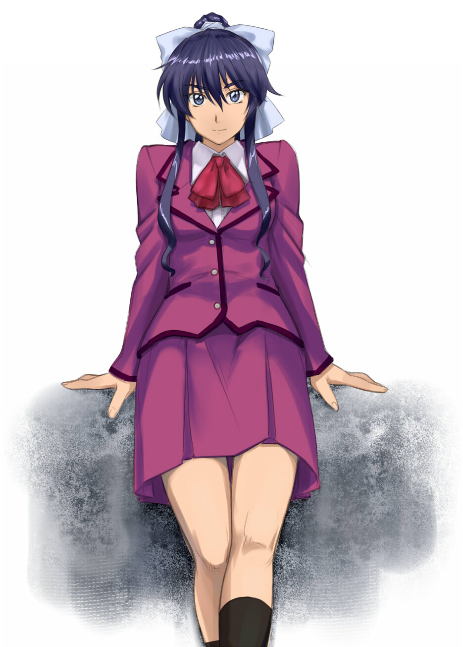 1girl arm_support arms_at_sides bangs bare_legs black_footwear black_hair blue_eyes breasts closed_mouth eyebrows_visible_through_hair feet_out_of_frame female grey_ribbon hair_between_eyes hair_ribbon highres jacket legs long_hair long_sleeves looking_at_viewer matsuoka_chie menomorute pleated_skirt ponytail purple_clothes purple_jacket purple_skirt red_neckwear ribbon school_uniform sentimental_graffiti shiny shiny_hair sidelocks sitting skirt small_breasts smile socks solo