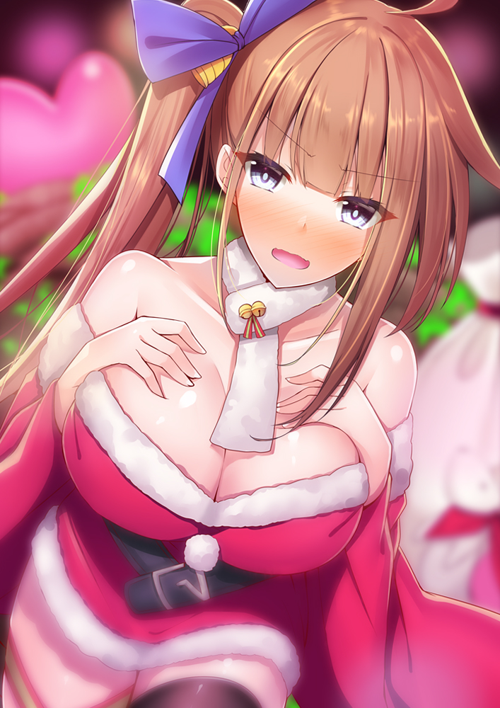 animal bell belt blue_eyes blurry blush breasts brown_hair christmas cleavage commentary commentary_request depth_of_field detached_sleeves dress eyebrows eyebrows_visible_through_hair fal_(girls_frontline) fur_trim girls_frontline hair_ornament hair_ribbon hand_on_own_chest heart large_breasts long_hair looking_at_viewer pet ponytail ribbon scarf side_ponytail single_thighhigh skindentation strapless strapless_dress tanakahazime thigh-highs thigh_strap wavy_mouth