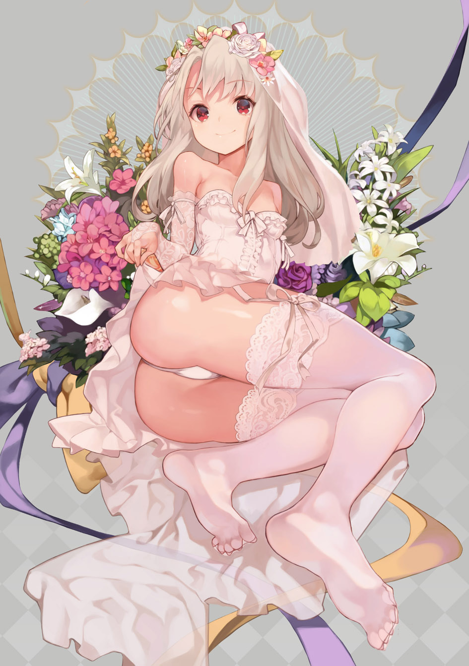 1girl alternate_costume ass bare_shoulders breasts bridal_gauntlets bridal_veil bride collarbone commentary_request dress elbow_gloves eyebrows_visible_through_hair fate/kaleid_liner_prisma_illya fate_(series) floral_print flower full_body garter_straps gloves highres illyasviel_von_einzbern lingerie long_hair looking_at_viewer lying on_side oneko red_eyes rose_print see-through sidelocks small_breasts smile soles strapless strapless_dress thigh-highs thighs toes underwear veil wedding_dress white_dress white_flower white_gloves white_hair