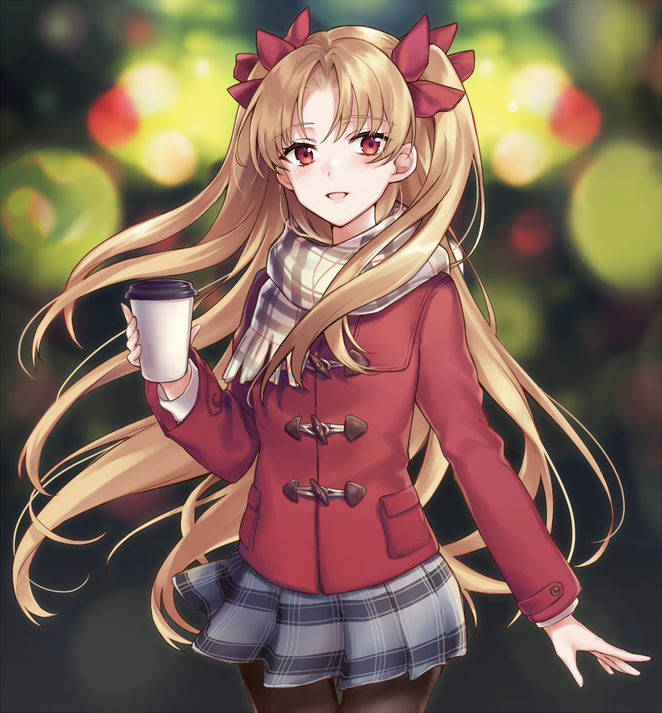 1girl :d bangs blonde_hair blue_skirt blurry blurry_background blush bow brown_legwear coat coffee_cup commentary_request cup depth_of_field disposable_cup duffel_coat ereshkigal_(fate/grand_order) eyebrows_visible_through_hair fate/grand_order fate_(series) fringe_trim hair_between_eyes hair_bow head_tilt holding holding_cup long_hair long_sleeves looking_at_viewer open_mouth pantyhose parted_bangs plaid plaid_scarf plaid_skirt pleated_skirt red_bow red_coat red_eyes scarf shiao skirt smile solo two_side_up very_long_hair white_scarf