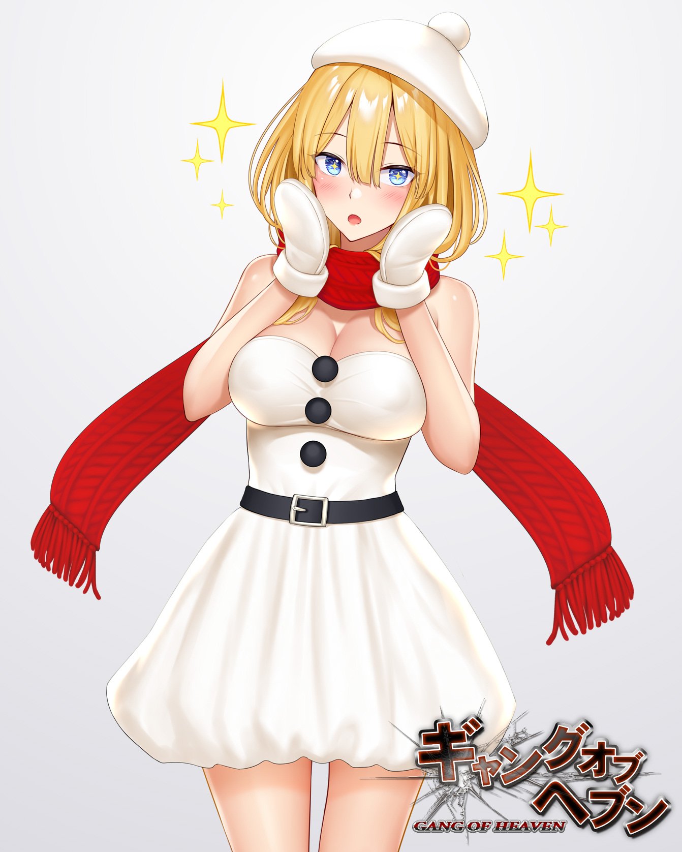 1girl bangs bare_shoulders belt beret blonde_hair blue_eyes blush breasts cleavage commentary_request dress eyebrows_visible_through_hair gang_of_heaven gloves hands_up hat highres large_breasts logo looking_at_viewer medium_breasts medium_hair official_art open_mouth pom_pom_(clothes) puffy_dress scarf shimashima08123 shiny shiny_hair shiny_skin short_dress simple_background solo sparkle sparkling_eyes strapless strapless_dress white_dress winter_clothes