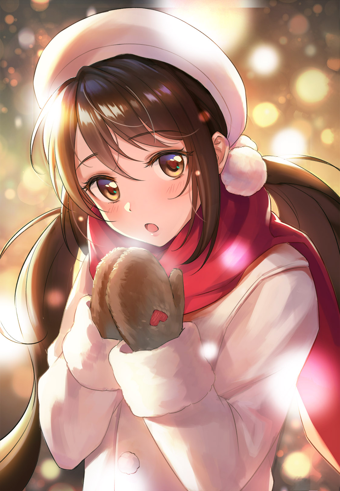 1girl :o bangs beret black_hair blurry blurry_background blush bokeh brown_eyes commentary_request depth_of_field eyebrows_visible_through_hair hair_ornament hands_together hands_up hat head_tilt highres idolmaster idolmaster_cinderella_girls long_hair long_sleeves looking_at_viewer mittens nakano_yuka open_mouth pom_pom_(clothes) red_scarf redamon scarf sidelocks solo tareme twintails upper_body very_long_hair white_coat white_hat winter winter_clothes