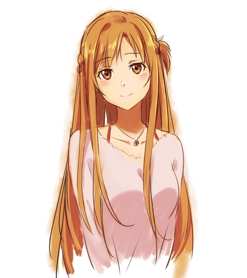 1girl asuna_(sao) blush braid brown_eyes brown_hair collarbone cropped_torso eyebrows_visible_through_hair fcc head_tilt jewelry long_hair long_sleeves looking_at_viewer necklace office_lady pink_shirt shirt sketch smile sword_art_online very_long_hair