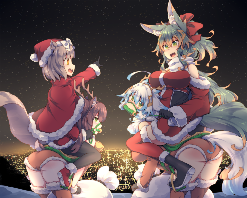 4girls ahoge animal_ears antlers bit_gag black_gloves black_legwear blue_hair breasts brown_hair brown_legwear christmas city_lights fur_trim gag gagged gloves gradient_hair green_eyes hat holding_reins kazumiya_beru kuromiya kuromiya_raika large_breasts leotard long_hair looking_at_another looking_at_viewer multicolored_hair multiple_girls night open_mouth original pointing pony_play red_legwear santa_hat scarf shiromiya_asuka short_hair sitting sitting_on_person sky star_(sky) starry_sky tail takamiya_momo thigh-highs two-tone_hair white_hair