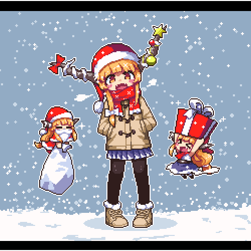 black_legwear bow brown_eyes chibi fangs gift hat horns ibuki_suika kumamoto_(bbtonhk2) long_hair lowres oni open_mouth orange_hair pixel_art pleated_skirt red_hat red_scarf sack santa_hat scarf sidelocks skirt snow snowing star touhou very_long_hair white_bow