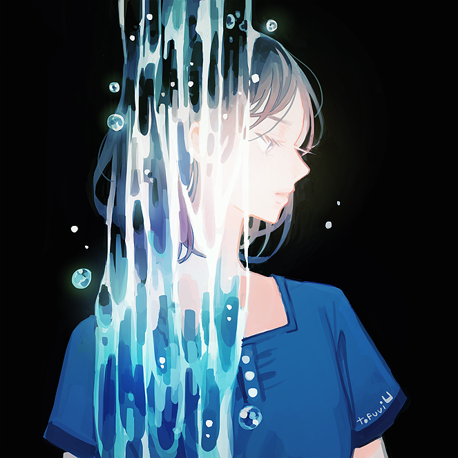 1girl artist_name black_background black_hair blue_shirt buttons half-closed_eyes original profile shirt short_hair short_sleeves simple_background solo tofuvi upper_body water waterfall