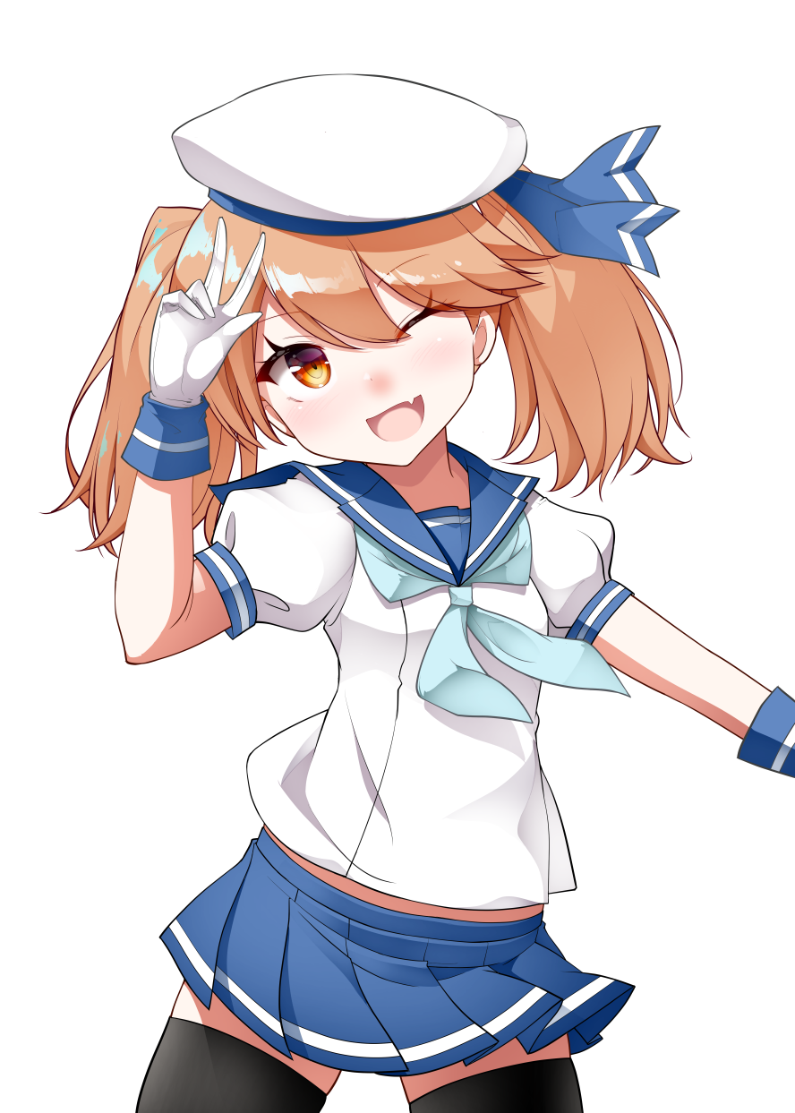 1girl ;d arm_up bangs beret black_legwear blue_neckwear blue_sailor_collar blue_skirt brown_eyes commentary_request cosplay eyebrows_visible_through_hair fang gloves hair_between_eyes hat head_tilt highres kantai_collection kirigakure_(kirigakure_tantei_jimusho) light_brown_hair neckerchief one_eye_closed open_mouth pleated_skirt puffy_short_sleeves puffy_sleeves ryuujou_(kantai_collection) sailor_collar school_uniform serafuku shirt short_sleeves simple_background skirt smile solo thigh-highs tsushima_(kantai_collection) tsushima_(kantai_collection)_(cosplay) twintails v white_background white_gloves white_hat white_shirt