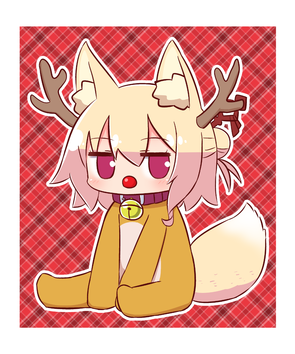 1girl animal_costume animal_ear_fluff animal_ears antlers bangs bell bell_collar blonde_hair blush brown_collar collar commentary_request eyebrows_visible_through_hair fox_ears fox_girl fox_tail full_body hair_between_eyes hair_bun hair_ornament highres jingle_bell kemomimi-chan_(naga_u) long_hair looking_at_viewer naga_u original plaid plaid_background red_background red_nose reindeer_antlers reindeer_costume sitting solo tail violet_eyes