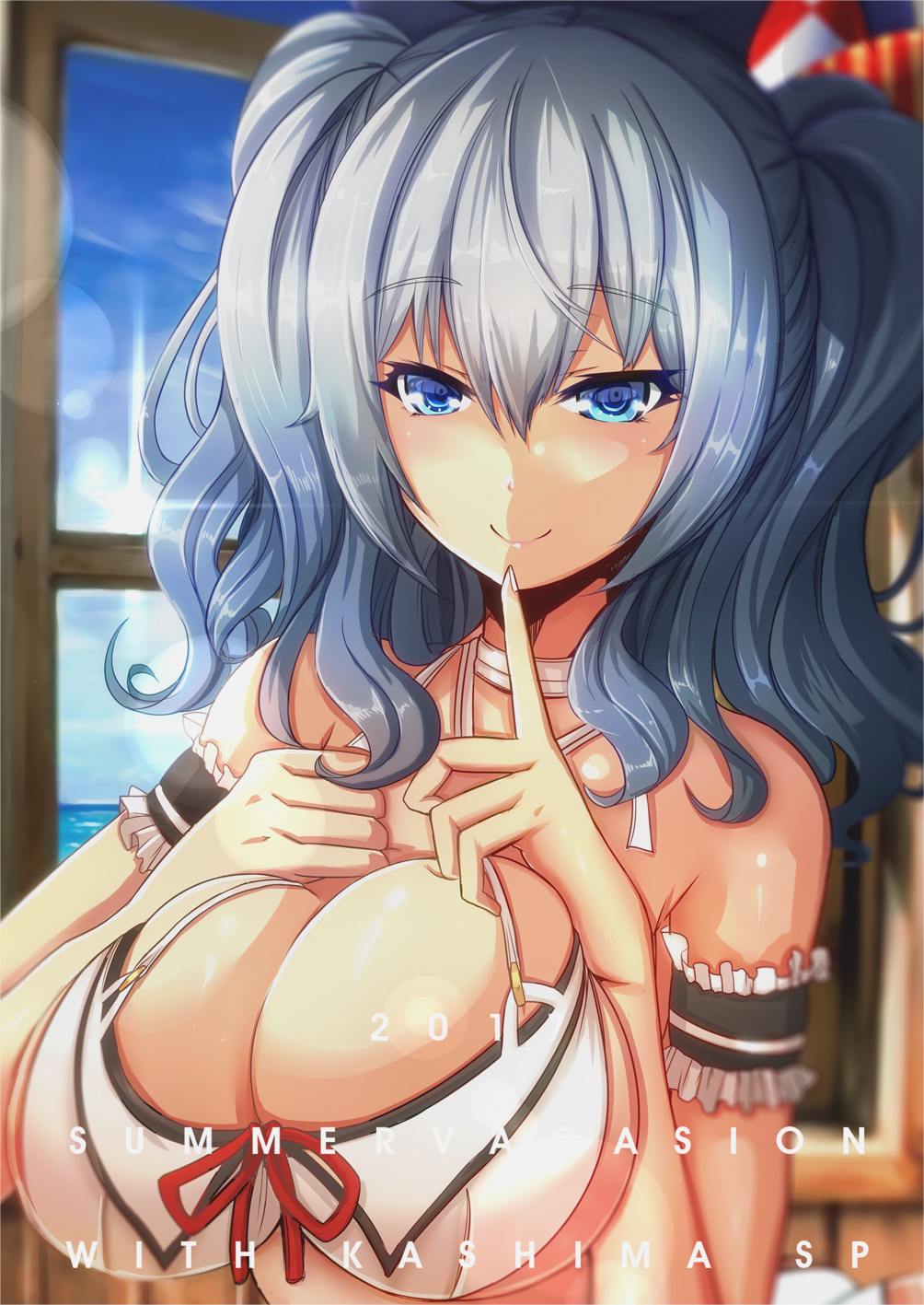 1girl adapted_costume arm_garter beret bikini blue_eyes blue_sky blurry blush breasts cleavage clouds commentary_request depth_of_field eyebrows_visible_through_hair hair_between_eyes halter_top halterneck hat highres index_finger_raised indoors kantai_collection kashima_(kantai_collection) large_breasts lens_flare long_hair looking_at_viewer nail_polish ocean origin_(fefnir_nightload) pink_lips sidelocks silver_hair skindentation sky smile solo sunlight swimsuit tsurime twintails wavy_hair white_bikini white_nails window