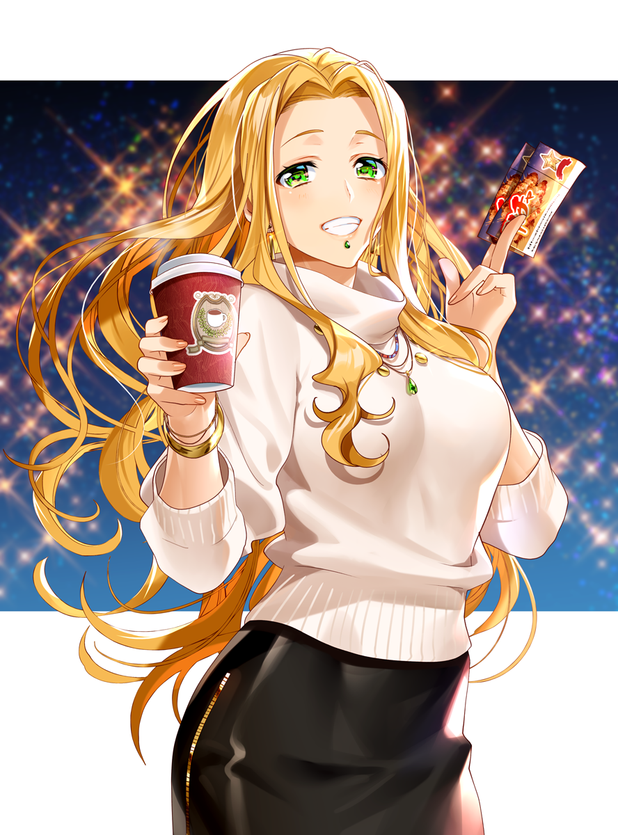 1girl bangs black_skirt blonde_hair blush bracelet breasts coffee_cup cup disposable_cup earrings fate/grand_order fate_(series) forehead green_eyes grin highres jewelry large_breasts long_hair long_sleeves looking_at_viewer murakami_yuichi necklace open_mouth parted_bangs quetzalcoatl_(fate/grand_order) skirt smile solo sparkle sweater ticket white_sweater