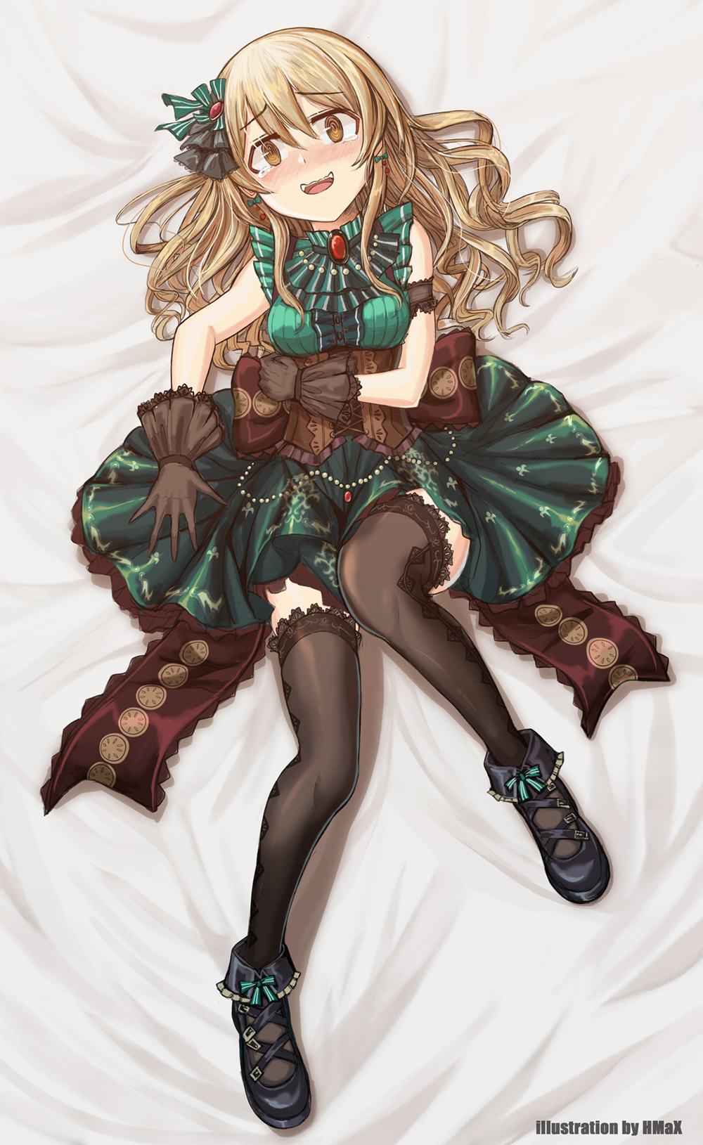 1girl @_@ artist_name bangs bed_sheet black_bow black_footwear black_gloves black_legwear blush bow brooch brown_eyes buckle commentary_request corset dress drill_hair english_text eyebrows_visible_through_hair frilled_dress frilled_footwear frills full_body gloves green_bow green_dress hair_bow hair_ornament highres hmax idolmaster idolmaster_cinderella_girls idolmaster_cinderella_girls_starlight_stage jewelry lace lace-trimmed_thighhighs large_bow light_brown_hair long_hair looking_at_viewer lying medium_dress morikubo_nono necklace on_back on_bed partial_commentary pearl_necklace shoes sleeveless sleeveless_dress smile solo tearing_up thigh-highs wavy_mouth