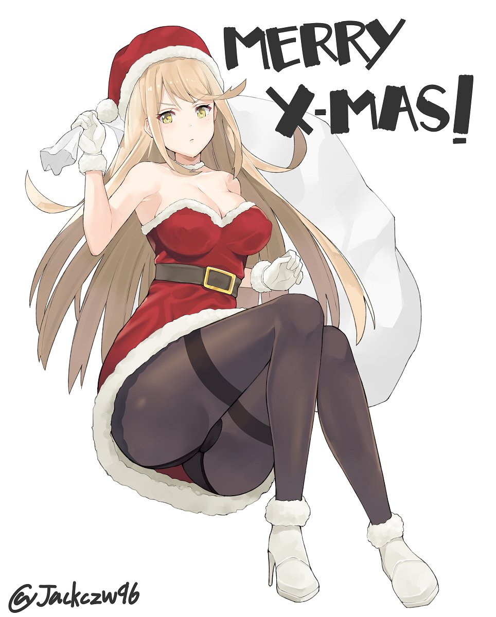 1girl ass bangs bare_shoulders blonde_hair blush breasts christmas cleavage cleavage_cutout dress earrings gem hat headpiece highres j@ck jewelry large_breasts long_hair looking_at_viewer mythra_(xenoblade) nintendo panties pantyhose solo super_smash_bros. super_smash_bros._ultimate swept_bangs tiara underwear white_background xenoblade_(series) xenoblade_2 yellow_eyes