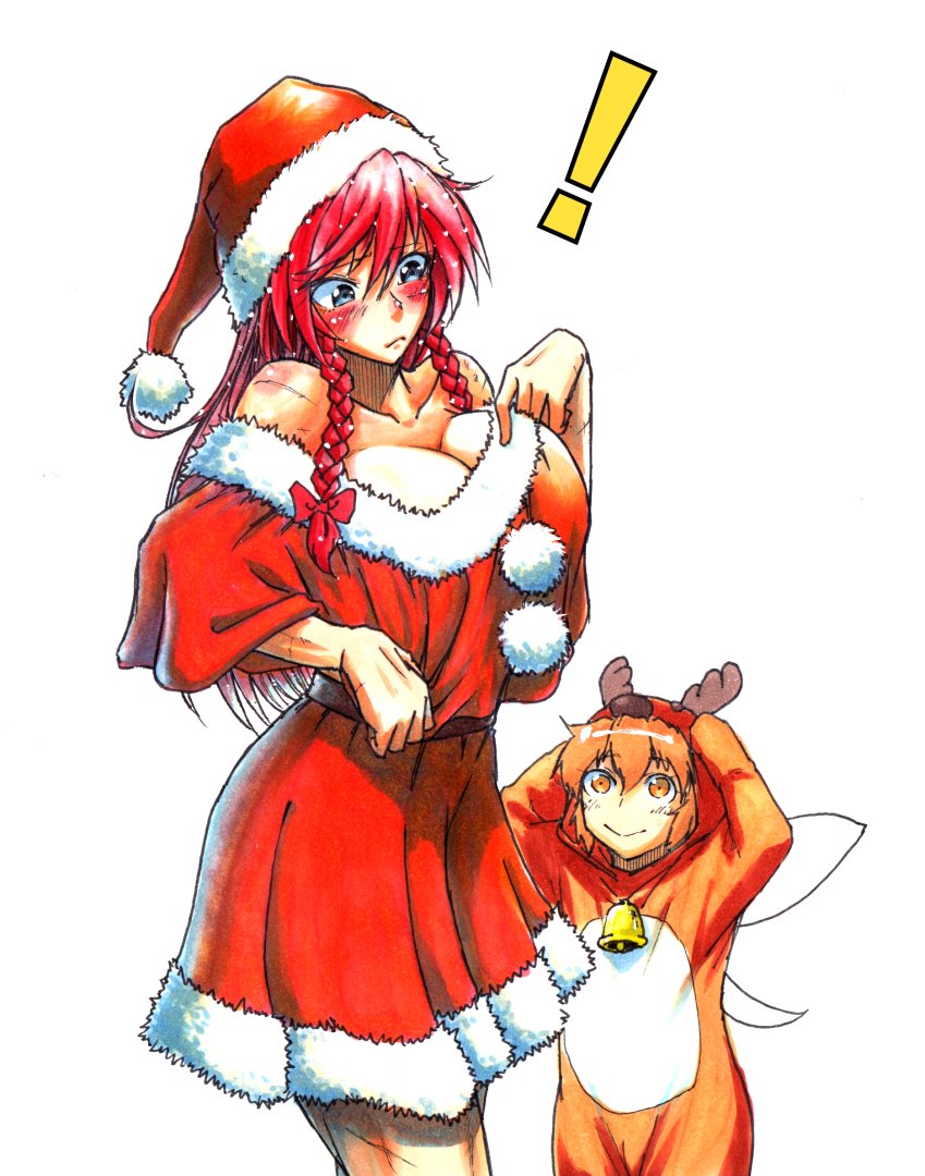 ! 2girls animal_costume antlers bell blonde_hair blush braid breasts cleavage collarbone fairy_maid fairy_wings fur_trim hat hong_meiling koyubi_(littlefinger1988) long_hair multiple_girls redhead reindeer_costume santa_costume santa_hat scar short_hair simple_background toned touhou translation_request twin_braids white_background wings