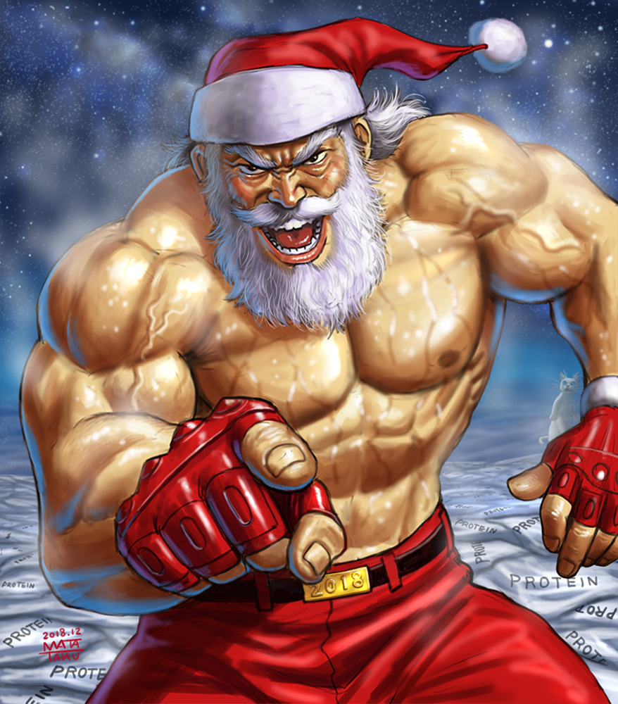 1boy 2018 :d beard black_eyes cat christmas commentary_request cowboy_shot dated epic facial_hair fingerless_gloves fingernails gloves looking_at_viewer male_focus manly matataku muscle mustache night night_sky old_man open_mouth original pants pointing pointing_at_viewer red_gloves red_pants sanpaku santa_claus signature sky smile snow solo standing star_(sky) starry_sky surprised_cat_(matataku) sweat veins white_hair