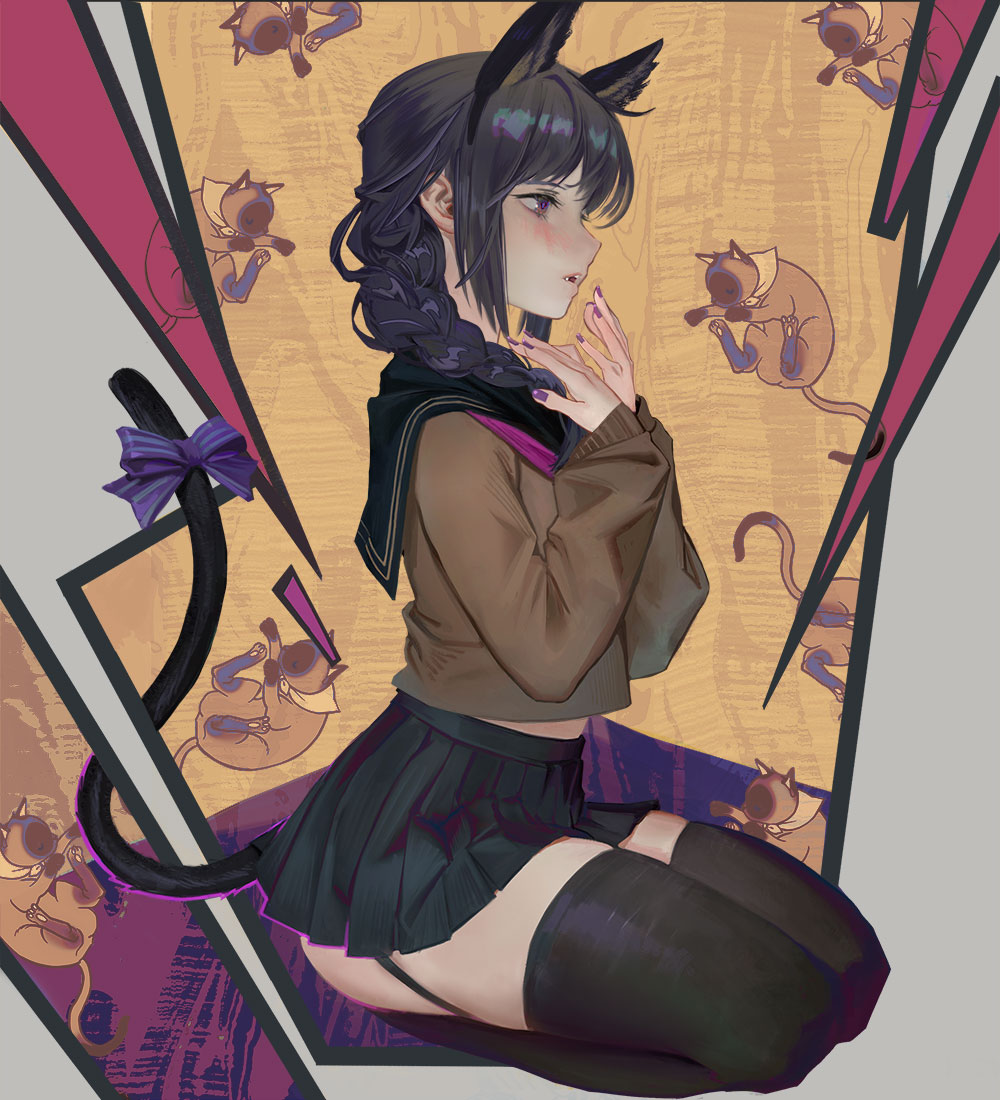 1girl animal_ears bangs black_hair black_legwear black_skirt bow braid braided_ponytail brown_sweater commentary_request fingernails from_side garter_straps korean_commentary legs open_mouth original purple_bow purple_nails sailor seiza sitting skirt solo sweater tail tail_bow tail_ornament thick_thighs thigh-highs thighs violet_eyes wowmoto2 zettai_ryouiki