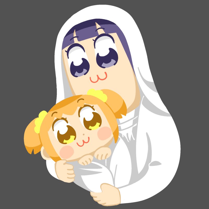 2girls baby_carry bangs bkub blue_eyes blue_hair blunt_bangs blush_stickers commentary eyebrows_visible_through_hair grey_background hair_ornament hair_scrunchie holding holding_person jesus mother_and_child multiple_girls orange_hair parody pipimi poptepipic popuko scrunchie short_hair short_twintails simple_background twintails two_side_up virgin_mary yellow_eyes yellow_scrunchie