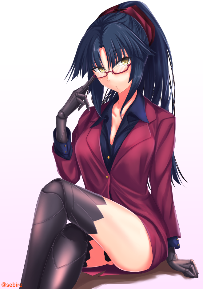 1girl :o adjusting_eyewear bespectacled black_hair black_shirt blush breasts cleavage collarbone commentary_request fate/grand_order fate_(series) formal glasses hair_ribbon head_tilt katou_danzou_(fate/grand_order) legs_crossed long_hair looking_at_viewer medium_breasts no_bra ponytail purple_skirt purple_suit red-framed_eyewear ribbon robot_joints sebire semi-rimless_eyewear shirt skirt skirt_suit solo suit twitter_username under-rim_eyewear white_background yellow_eyes