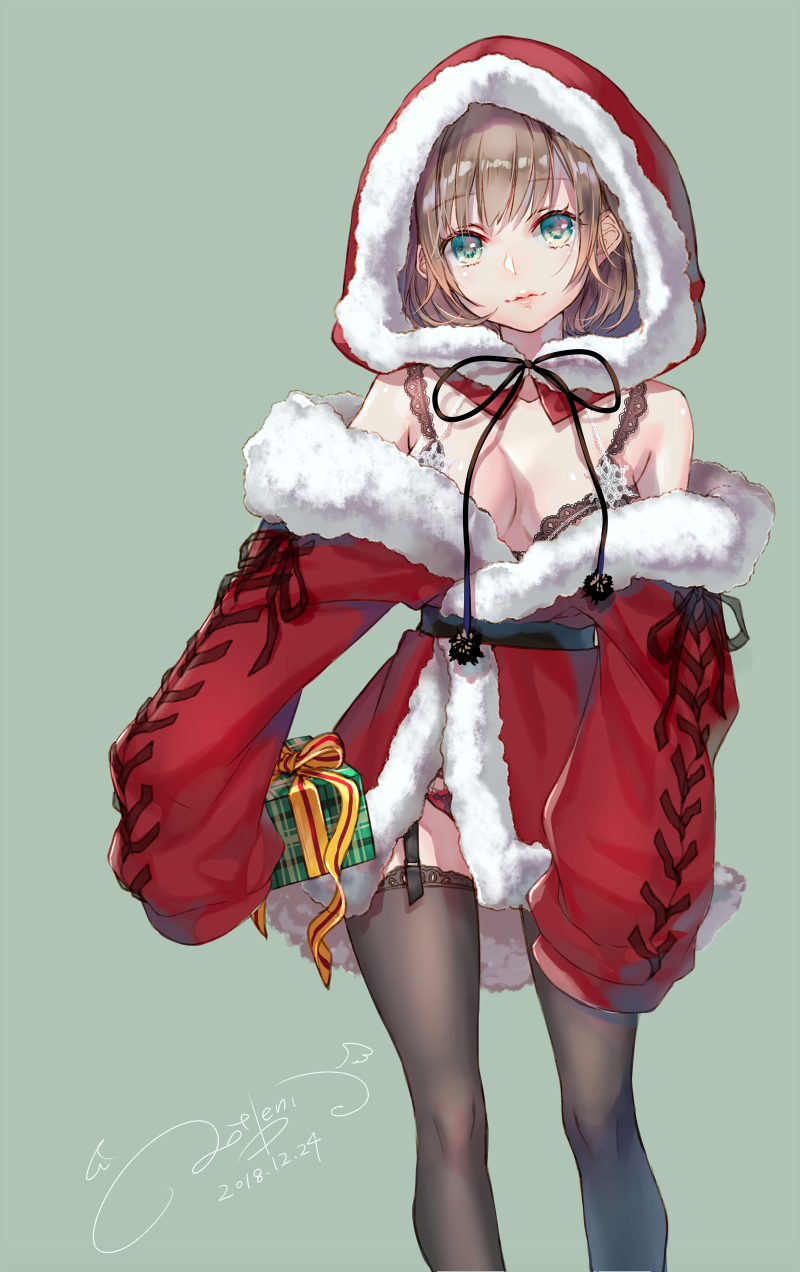 1girl ao+beni bangs black_bra black_legwear box bra breasts brown_hair christmas cleavage coat commentary_request dated detached_hood fur-trimmed_coat fur-trimmed_hood fur_trim gift gift_box green_eyes grey_background highres holding holding_gift hood hood_up lips long_sleeves medium_breasts off_shoulder original panties panty_peek pom_pom_(clothes) red_coat revision santa_costume short_hair signature sleeves_past_fingers sleeves_past_wrists smile solo thigh-highs underwear