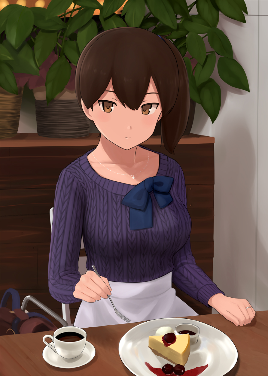 1girl bag blue_bow blue_scrunchie bow breasts brown_eyes brown_hair cake collarbone cup eating expressionless food fork fuyube_gin_(huyube) handbag highres indoors jewelry kaga_(kantai_collection) kantai_collection large_breasts looking_at_viewer medium_hair morning necklace plant purple_sweater ring scrunchie side_ponytail sitting skirt solo sweater wedding_band white_skirt wooden_table