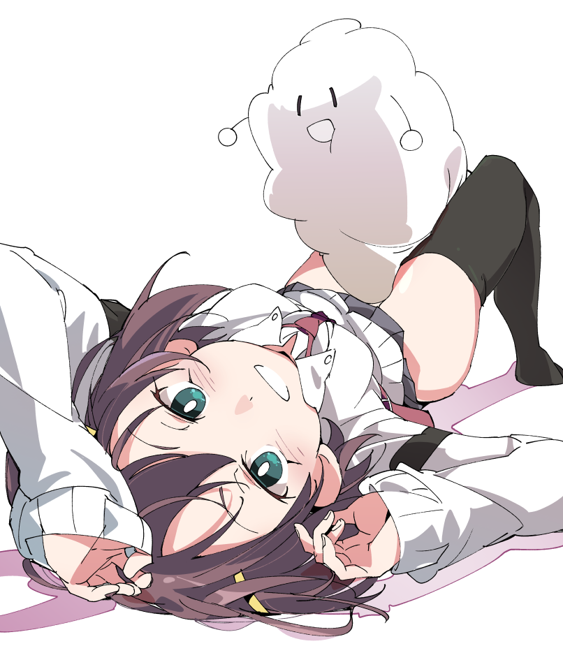 1girl between_legs black_legwear blush brown_hair green_eyes grey_skirt hair_ornament hairclip ixy long_sleeves looking_at_viewer lying necktie on_back red_neckwear saki saki_achiga-hen short_hair simple_background skirt smile solo thigh-highs tsuruta_himeko white_background