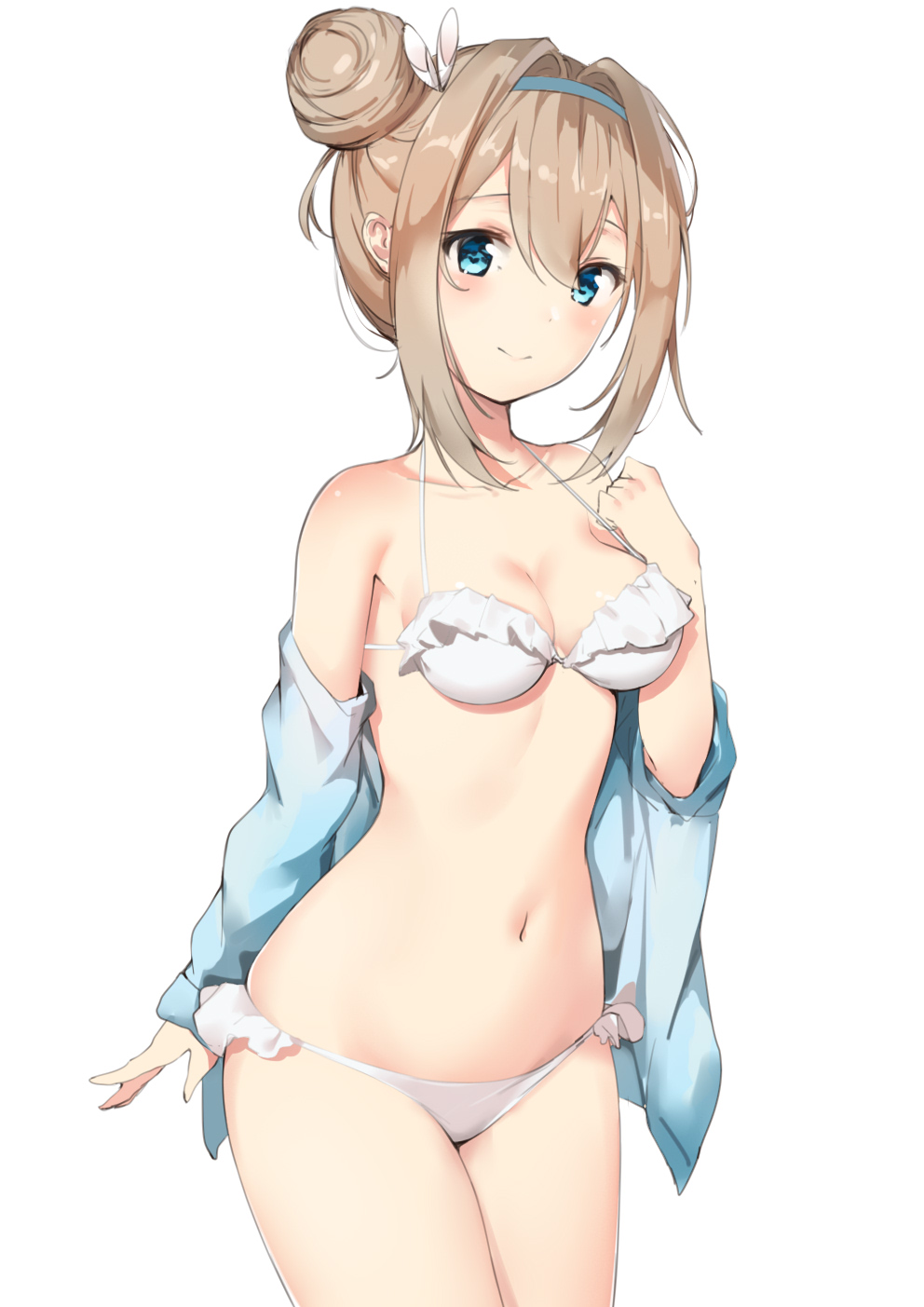 1girl arm_at_side bangs bare_shoulders bikini blue_eyes blue_jacket blush breasts brown_hair cleavage closed_mouth collarbone cowboy_shot frilled_bikini frills gin00 girls_frontline hair_between_eyes hair_bun hair_intakes hairband halterneck hand_up highres jacket legs_together long_hair long_sleeves looking_at_viewer medium_breasts navel off_shoulder open_clothes open_jacket side_bun sidelocks simple_background sleeves_past_wrists smile solo standing stomach suomi_kp31_(girls_frontline) swimsuit tied_hair white_background white_bikini