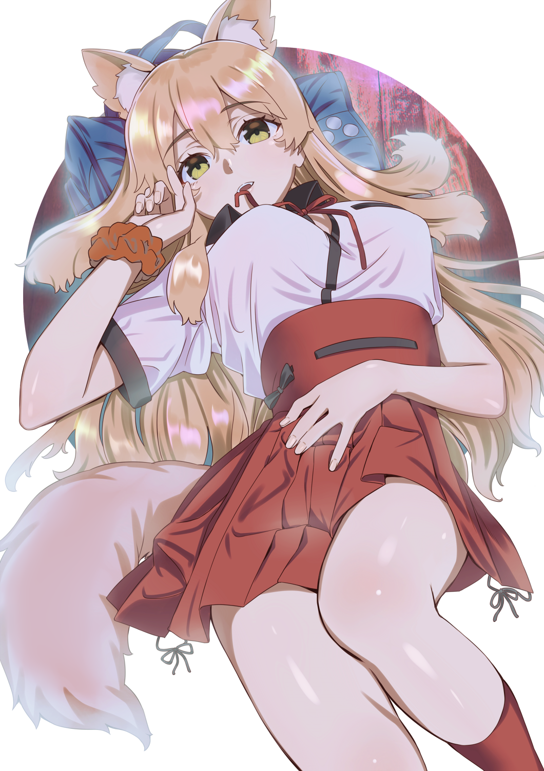 1girl animal_ear_fluff animal_ears bag circle comiket_95 commentary_request fate/grand_order fate_(series) feet_out_of_frame fingernails fox_ears fox_girl fox_tail hair_spread_out hand_on_own_stomach highres kneehighs kujuu_shikuro long_hair looking_at_viewer lying mouth_hold obi on_back orange_hair red_legwear red_sash ribbon-trimmed_sash ribbon_trim sash school_bag scrunchie shiny shiny_hair skirt solo suzuka_gozen_(fate) tail thighs wrist_scrunchie yellow_eyes