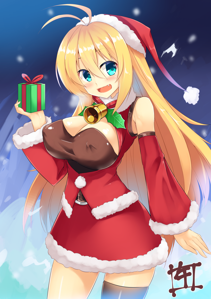 1girl antenna_hair bare_shoulders belt blonde_hair blue_eyes blush box breasts canine christmas cleavage detached_sleeves fur_trim gift gift_box hat highres large_breasts long_hair minase_nagi open_mouth santa_costume santa_hat single_thighhigh skirt sleeveless solo thigh-highs tsurumaki_maki voiceroid wide_sleeves