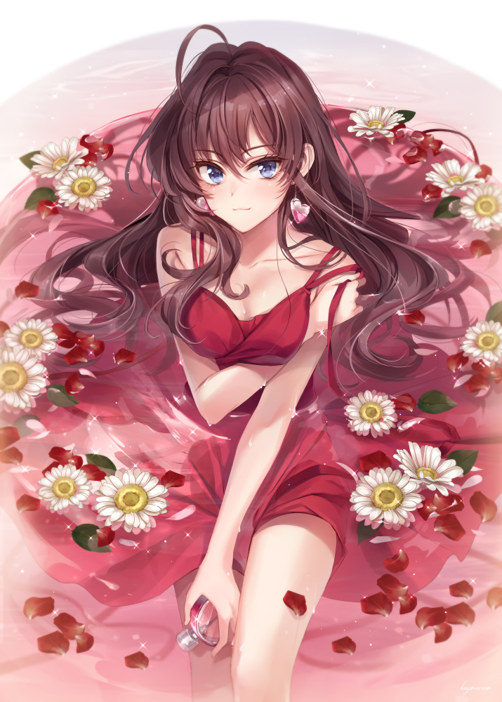 1girl ahoge bangs bare_shoulders blue_eyes blush bottle breasts brown_hair closed_mouth collarbone dress earrings flower hagiwara_rin hair_between_eyes ichinose_shiki idolmaster idolmaster_cinderella_girls jewelry long_hair looking_at_viewer medium_breasts partially_submerged perfume_bottle petals red_dress rose_petals smile solo thighs water wavy_hair