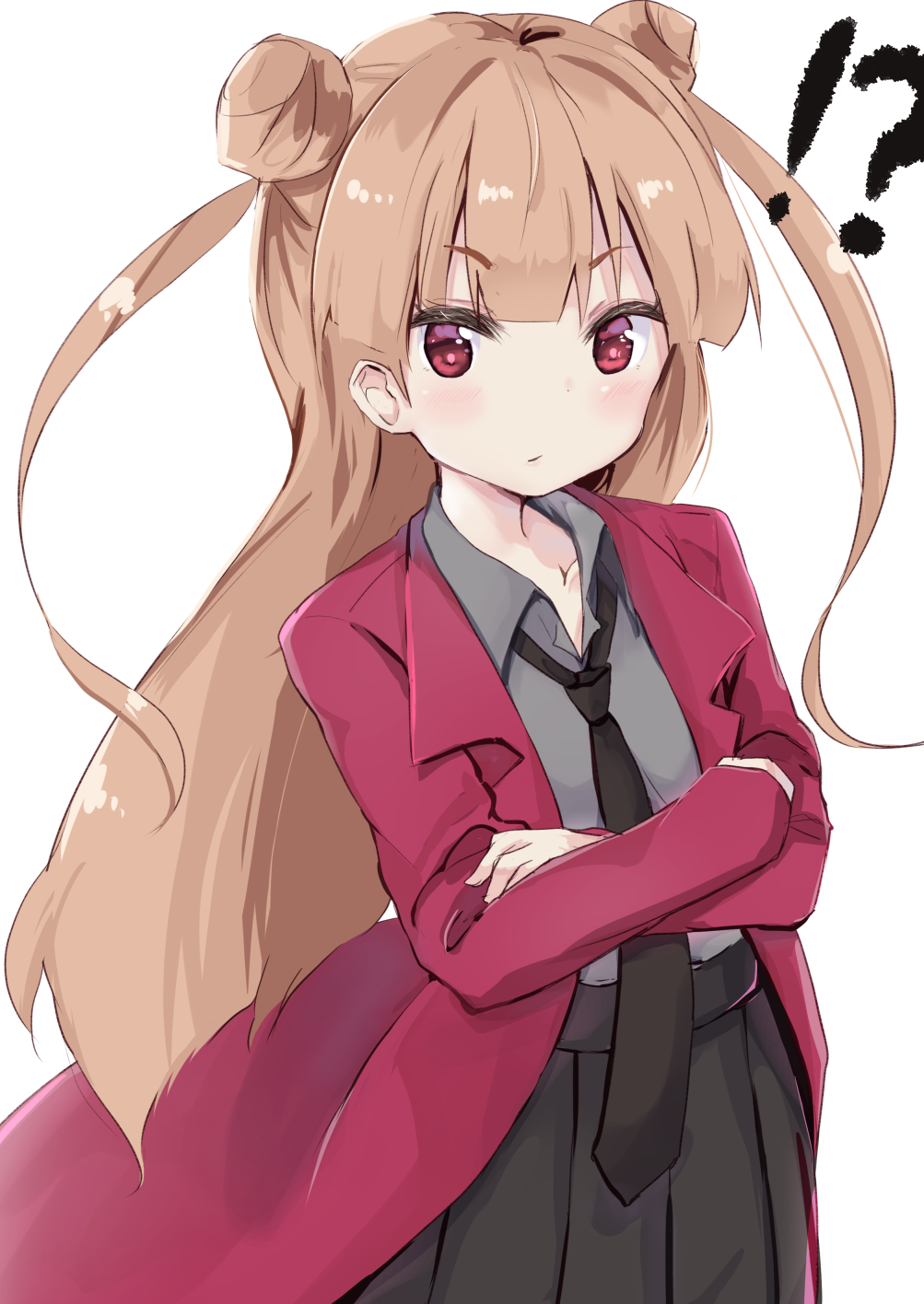 !? 1girl amabuki_maria amano_kouki bangs black_neckwear black_skirt blush character_request closed_mouth collared_shirt commentary_request crossed_arms double_bun eyebrows_visible_through_hair grey_shirt highres jacket light_brown_hair long_hair long_sleeves looking_at_viewer necktie open_clothes open_jacket pleated_skirt red_eyes red_jacket shirt side_bun simple_background skirt solo two_side_up v-shaped_eyebrows very_long_hair white_background zombie_land_saga