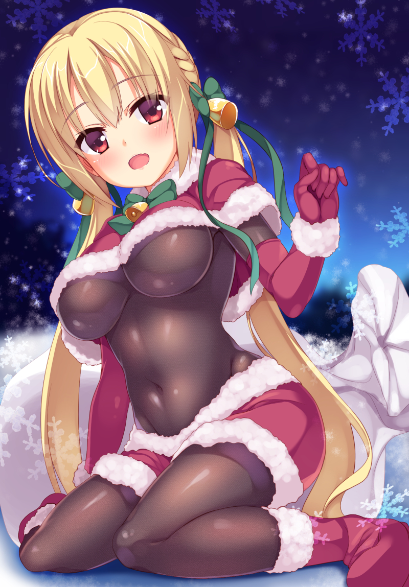 1girl aria. arihara_nanami bangs bell blonde_hair blush bodystocking bow braid breasts capelet commentary_request covered_navel crown_braid elbow_gloves eyebrows_visible_through_hair french_braid fur-trimmed_boots fur-trimmed_capelet fur-trimmed_gloves fur-trimmed_shorts fur_trim gloves green_bow groin hair_bell hair_between_eyes hair_bow hair_ornament hand_up long_hair looking_at_viewer night night_sky open_mouth outdoors red_capelet red_eyes red_footwear red_gloves red_shorts riddle_joker sack short_shorts shorts sidelocks sitting sky snowflakes solo under_boob very_long_hair wariza