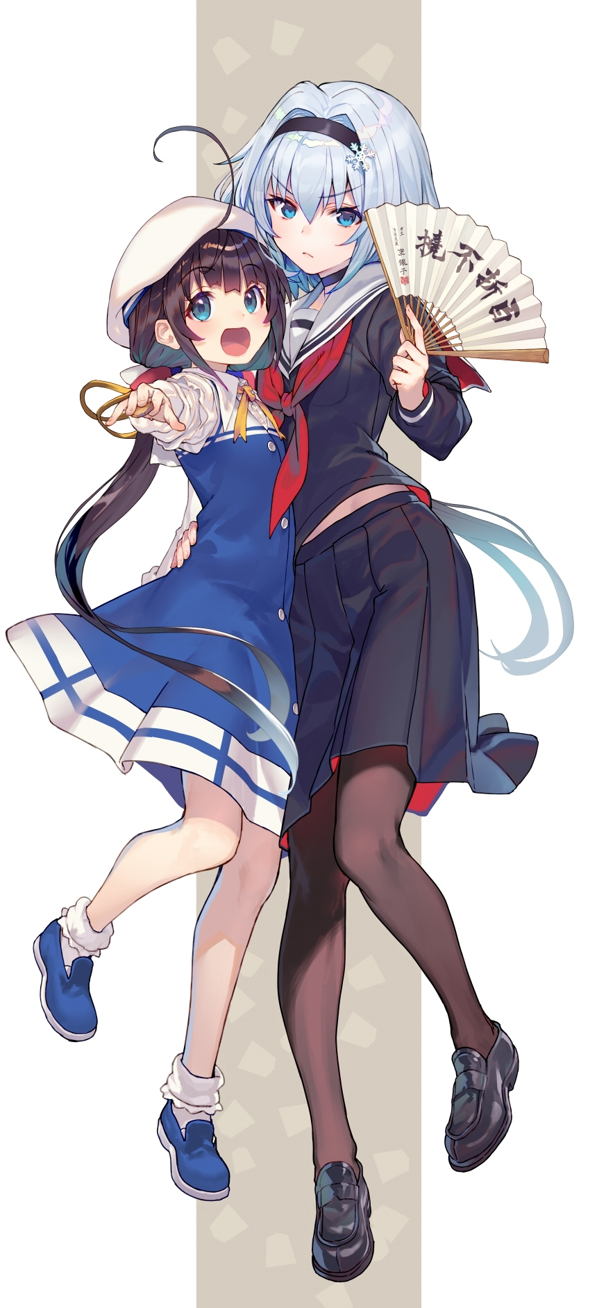 2girls :d ahoge back-to-back beret between_fingers black_choker black_footwear black_hair black_hairband black_legwear black_serafuku black_shirt black_skirt blue_dress blue_eyes blue_footwear choker commentary_request dress eyebrows_visible_through_hair fan folding_fan full_body hair_between_eyes hair_intakes hair_ornament hairband hand_on_another's_hip hat highres hinatsuru_ai holding holding_fan light_frown loafers long_hair long_sleeves looking_at_viewer low_twintails multiple_girls neckerchief open_mouth pantyhose puffy_short_sleeves puffy_sleeves red_neckwear ribbon ryuuou_no_oshigoto! sailor_collar school_uniform serafuku shirabi shirt shoes short_over_long_sleeves short_sleeves shougi_piece silver_hair skirt smile snowflake_hair_ornament socks sora_ginko twintails v-shaped_eyebrows very_long_hair white_hat white_legwear white_sailor_collar yellow_ribbon