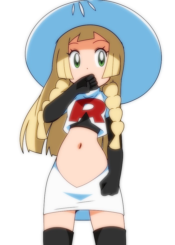 black_gloves blonde_hair covering_mouth creatures_(company) elbow_gloves game_freak gloves green_eyes hainchu hand_over_own_mouth hat lillie_(pokemon) midriff navel nintendo pokemon pokemon_(game) pokemon_sm skirt team_rocket_uniform thigh-highs white_hat