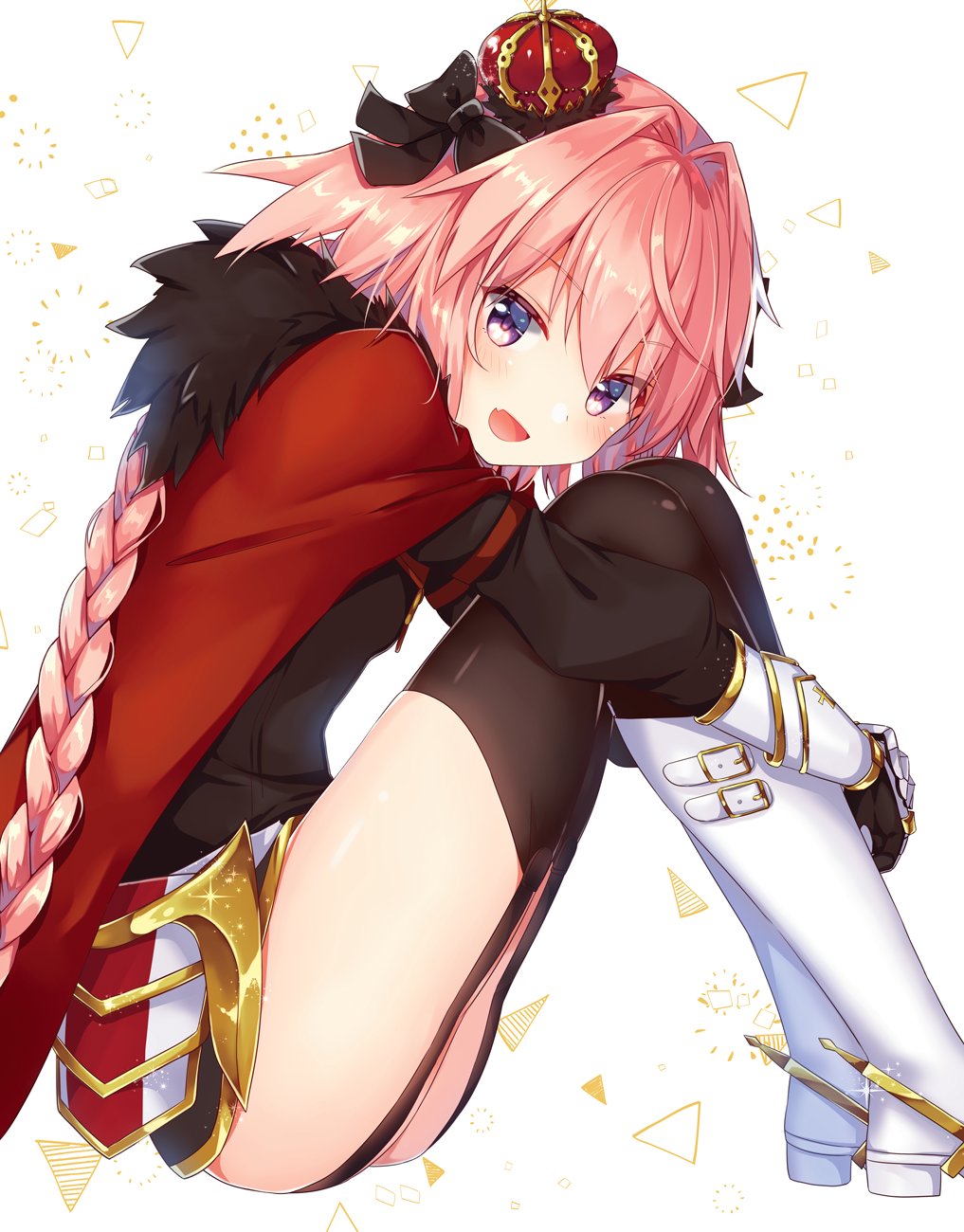 astolfo_(fate) blush braid cape crown fang fate/grand_order fate_(series) gomano_rio hair_ribbon highres leg_hug looking_at_viewer open_mouth pink_hair ribbon sitting