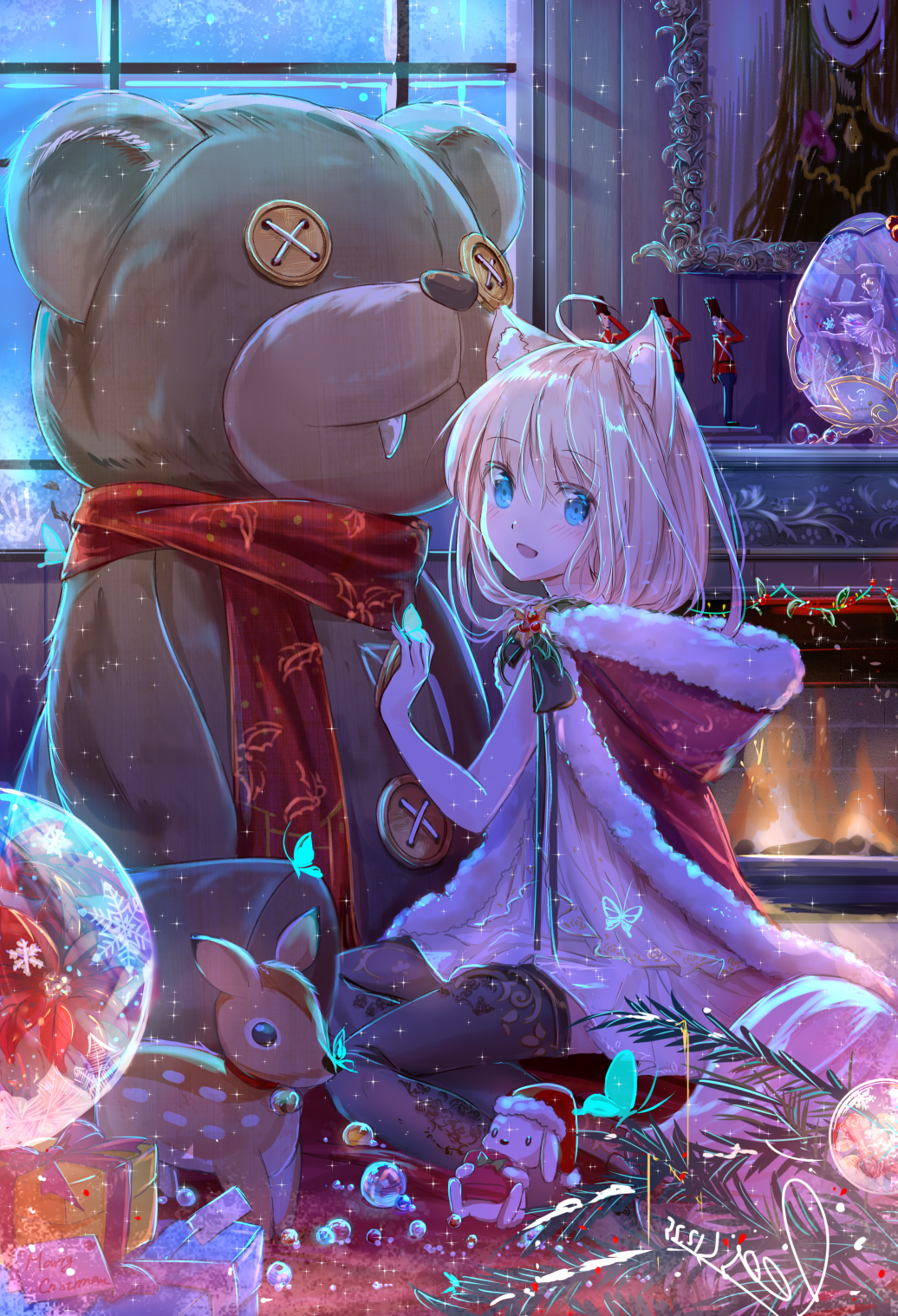 1girl :d animal_ear_fluff animal_ears bangs black_legwear blue_eyes blush bug burning butterfly button_eyes cat_ears cloak commentary_request dress eyebrows_visible_through_hair fireplace fur-trimmed_cloak fur-trimmed_hat fur-trimmed_hood fur_trim hair_between_eyes hat head_tilt highres hood hood_down hooded_cloak indoors insect long_hair looking_at_viewer looking_to_the_side merry_christmas open_mouth original oversized_object peas_(peas0125) red_cloak red_hat santa_hat signature sitting smile solo stuffed_animal stuffed_bunny stuffed_toy teddy_bear thigh-highs toy_soldier transparent white_dress window yokozuwari