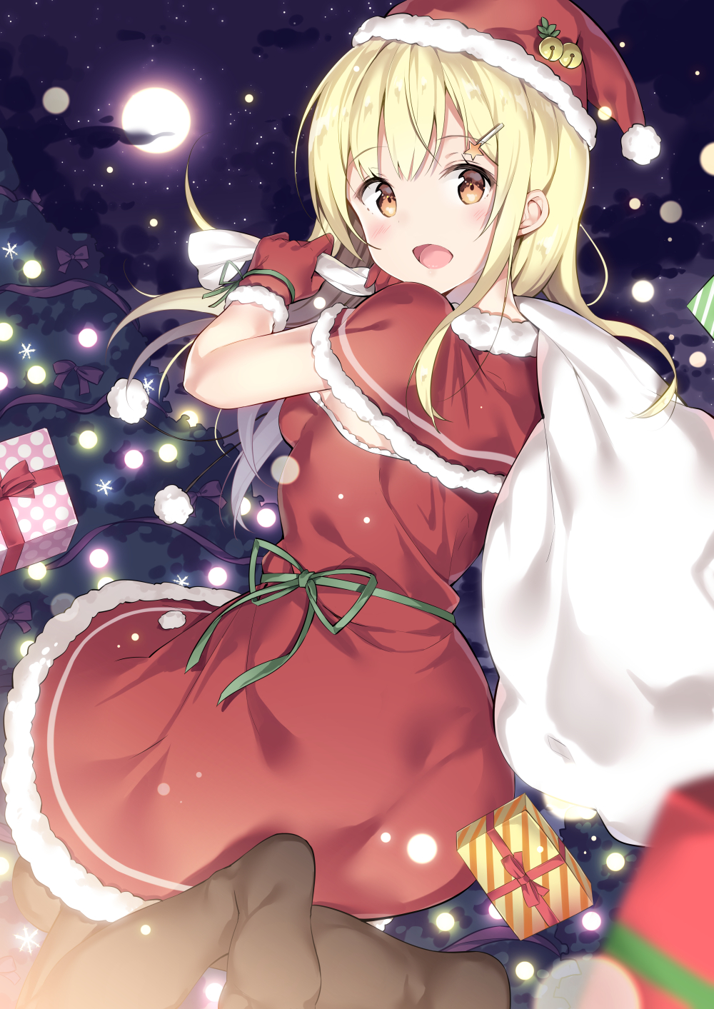 1girl bangs bell blonde_hair blush box brown_eyes brown_legwear capelet christmas clouds cloudy_sky commentary_request dress eyebrows_visible_through_hair full_moon fur-trimmed_capelet fur-trimmed_dress fur-trimmed_gloves fur-trimmed_hat fur_trim gift gift_box gloves hair_ornament hairclip hands_up hat hatsuki_kaname highres holding holding_sack jingle_bell long_hair looking_at_viewer looking_to_the_side moon night night_sky no_shoes original outdoors pantyhose red_capelet red_dress red_gloves red_hat sack santa_hat sky soles solo star star_hair_ornament