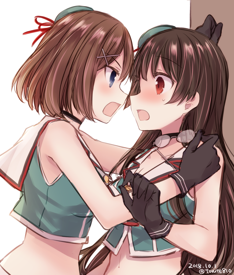 2girls against_wall beret black_gloves black_hair blue_eyes brown_hair choker choukai_(kantai_collection) eye_contact glasses gloves hair_ornament hairclip hat kabocha_torute kantai_collection long_hair looking_at_another maya_(kantai_collection) multiple_girls open_mouth red_eyes remodel_(kantai_collection) rimless_eyewear short_hair sweatdrop wall_slam x_hair_ornament