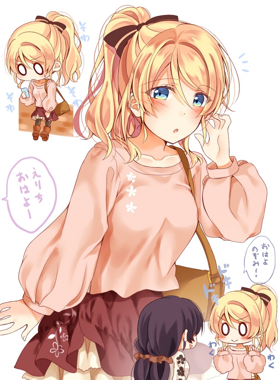 &gt;:( 0_0 2girls :&gt; :o ayase_eli bag blue_eyes blush bow brown_scrunchie brown_skirt cellphone chibi collarbone commentary_request floral_print hair_between_eyes hair_bow hair_ornament hair_scrunchie hair_tucking hands_up highres holding holding_phone long_sleeves looking_at_viewer love_live! love_live!_school_idol_project mogu_(au1127) multiple_girls multiple_views notice_lines phone pink_shirt ponytail scrunchie shirt shoulder_bag sidelocks skirt smartphone striped striped_bow toujou_nozomi twintails v-shaped_eyebrows waiting