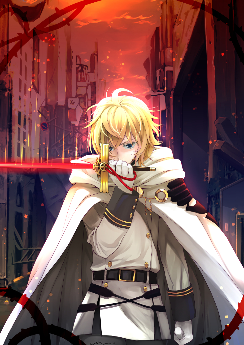 1boy belt blonde_hair blue_eyes cowboy_shot gloves grey_pants hair_between_eyes highres holding holding_sheath holding_sword holding_weapon hyakuya_mikaela jacket kero_sweet male_focus military military_jacket military_uniform owari_no_seraph pants sheath short_hair solo standing sword uniform unsheathed weapon white_gloves white_jacket