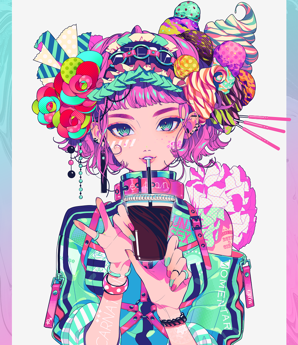 1girl akiakane bangs blue_eyes blue_jacket blue_nails blunt_bangs body_writing commentary_request cup ear_piercing earrings eyeshadow fingernails food grey_background hair_ornament hairpin hands_up headband holding holding_cup ice_cream jacket jewelry looking_at_viewer makeup multicolored multicolored_nails nail_polish off_shoulder original parted_lips piercing pink_hair pink_lips pink_nails ring short_hair smile solo upper_body wristband