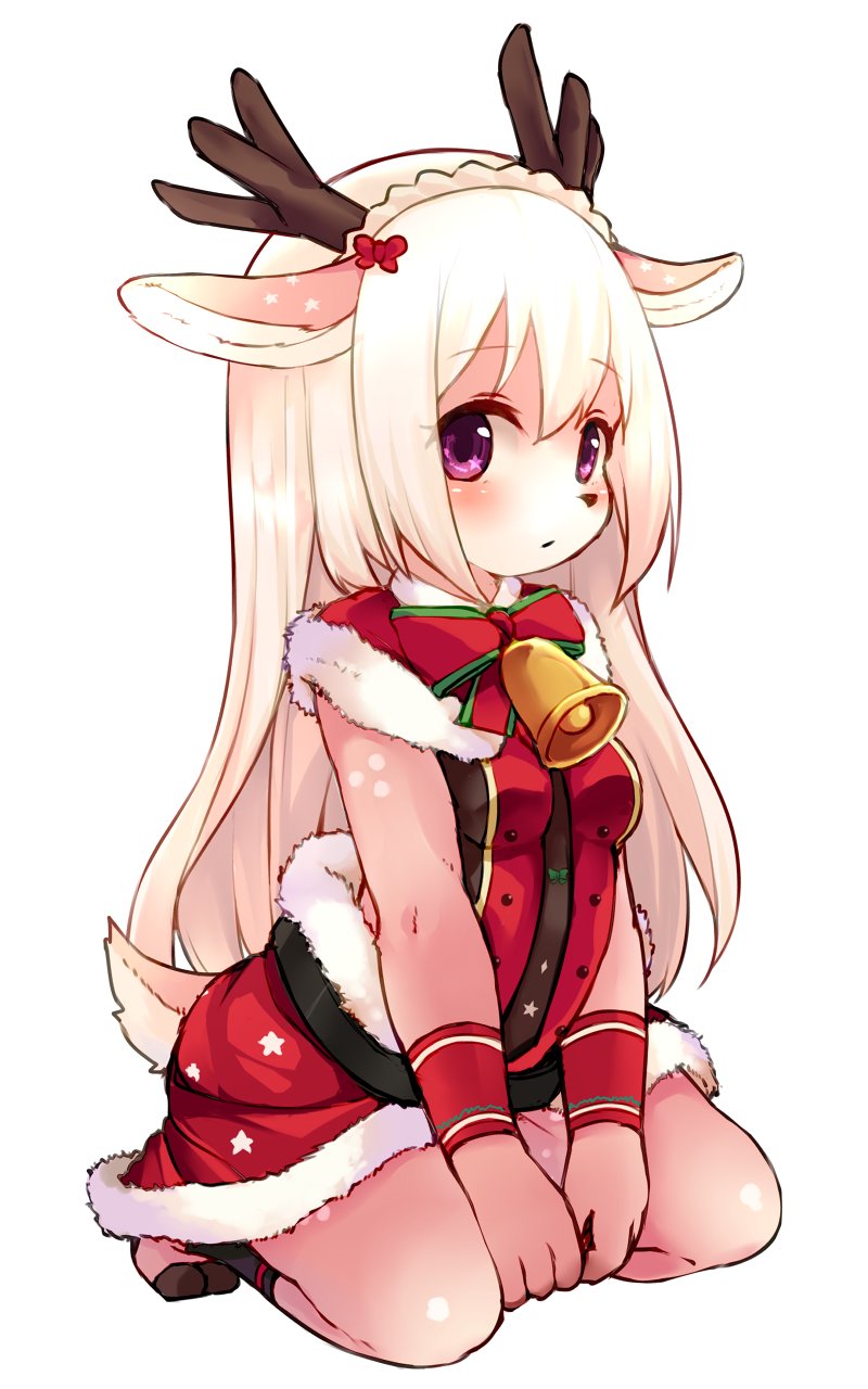 1girl animal_ears antlers bell belt christmas furry highres kida_kuro_mu long_hair original red_shirt red_skirt reindeer_antlers reindeer_ears reindeer_tail santa_costume shirt sitting skirt solo tail violet_eyes white_hair