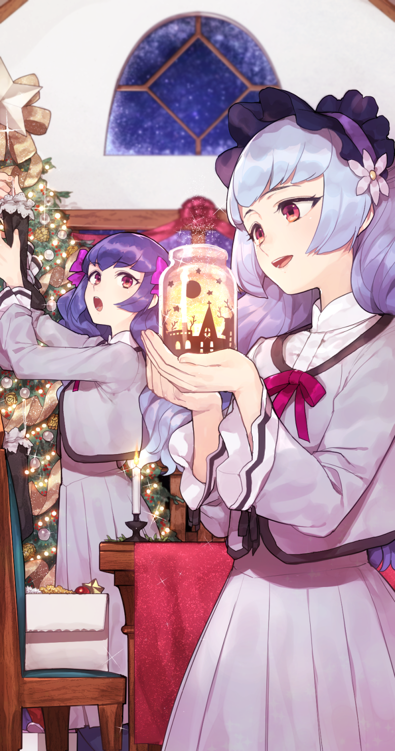 2girls aikatsu!_(series) aikatsu_friends! bangs blue_hair bow candle chair christmas_tree commentary flower gradient_hair grey_skirt hair_bow hair_flower hair_ornament highres hitoto holding_jar indoors jar lights long_hair long_skirt looking_at_another multicolored_hair multiple_girls open_mouth purple_bow red_eyes school_uniform shirayuri_kaguya shirayuri_sakuya siblings silver_hair sisters skirt smile table twins window