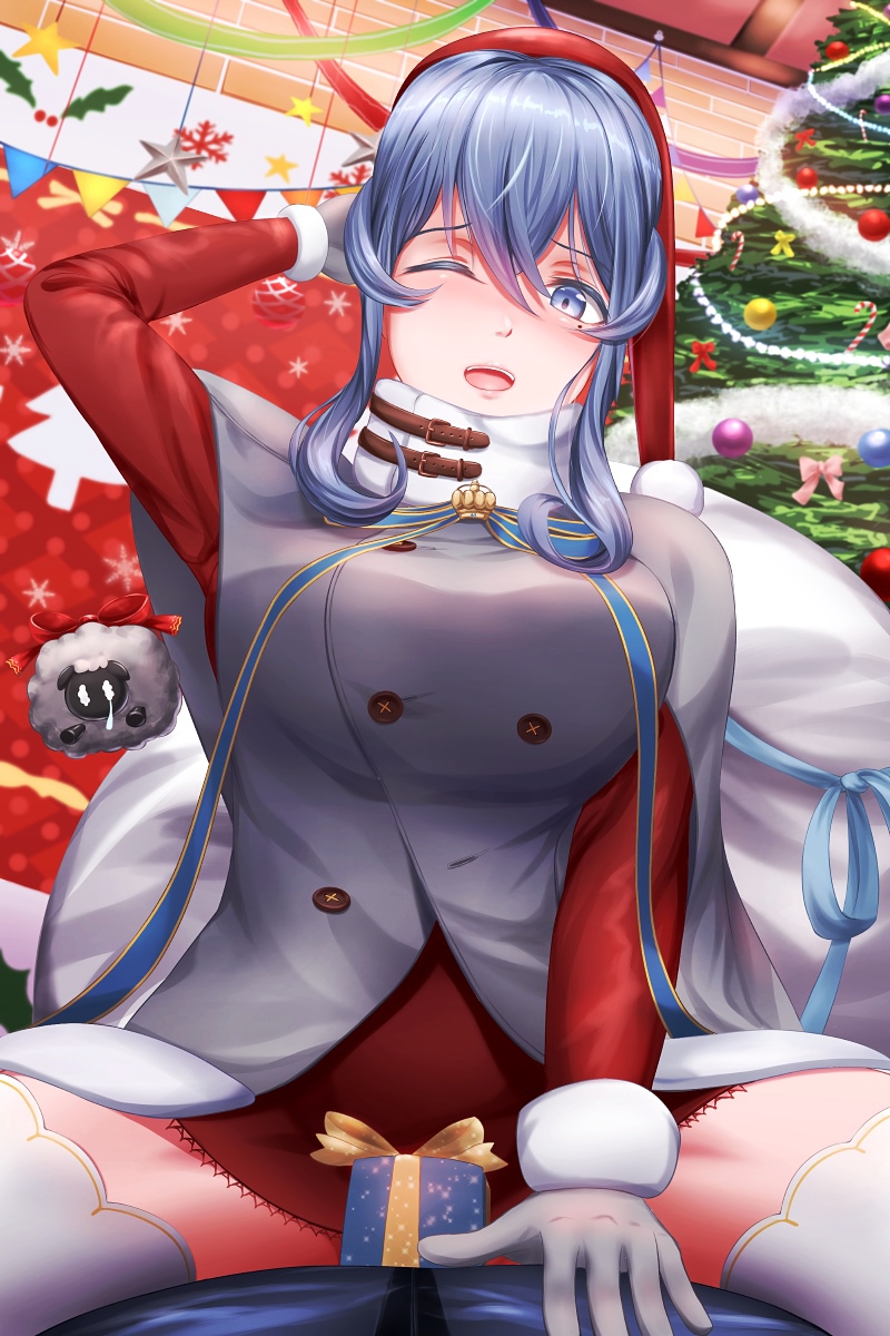 1girl bag blue_eyes blue_hair blush box breasts christmas christmas_ornaments christmas_tree commentary_request dress gift gift_box gloves gotland_(kantai_collection) hat highres kantai_collection large_breasts long_hair looking_at_viewer mole mole_under_eye one_eye_closed red_dress sabakuomoto santa_costume santa_hat sheep short_dress sleeveless_coat solo straddling thigh-highs white_gloves white_legwear