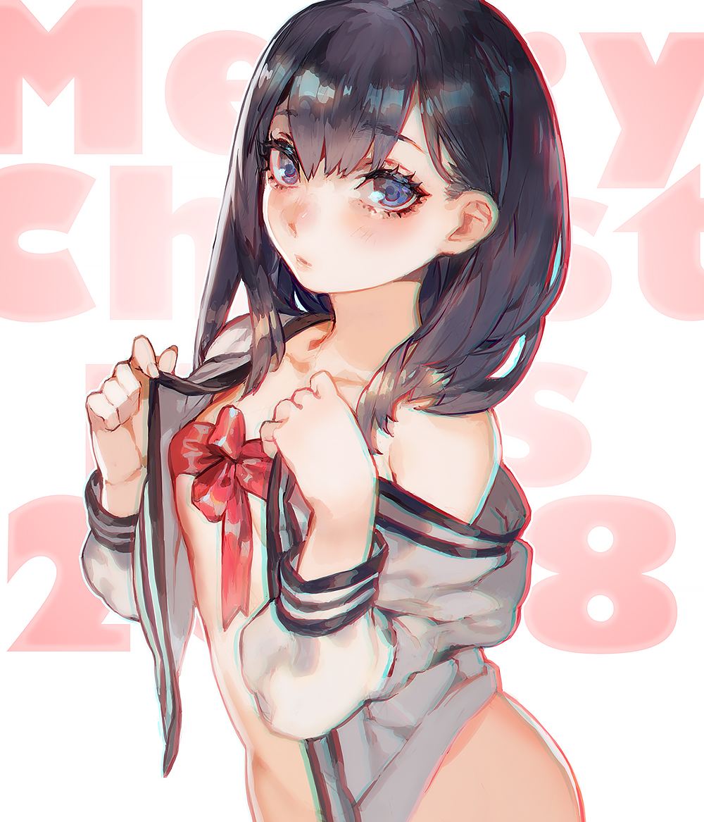 1girl 2018 aoin bangs black_hair blue_eyes blush bottomless collarbone commentary_request eyebrows_visible_through_hair hair_between_eyes hands_up long_hair long_sleeves looking_at_viewer merry_christmas off_shoulder open_clothes open_shirt red_ribbon ribbon ribbon_bra shirt solo ssss.gridman takarada_rikka upper_body white_shirt