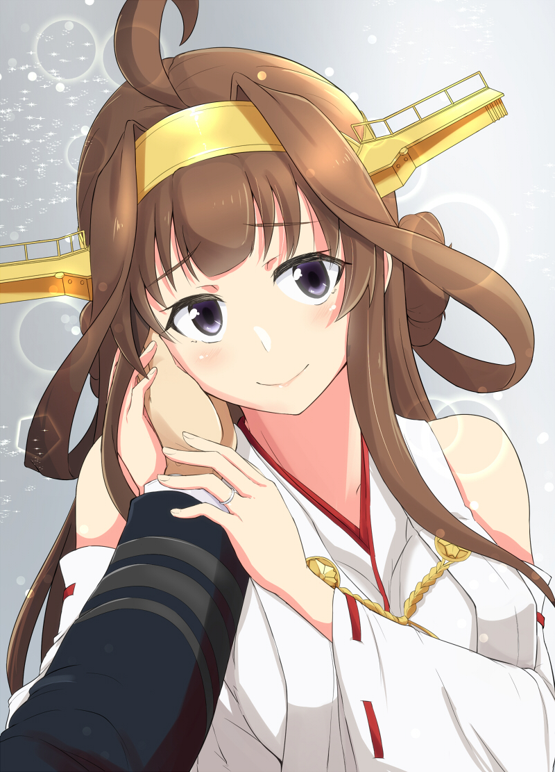 1girl ahoge blush breasts brown_hair commentary_request detached_sleeves double_bun hairband hand_on_another's_cheek hand_on_another's_face hands_on_another's_wrists happy head_tilt jewelry kantai_collection kongou_(kantai_collection) lens_flare long_hair medium_breasts nontraditional_miko pov pov_hands remodel_(kantai_collection) ribbon-trimmed_sleeves ribbon_trim ring shigure_ryuunosuke smile solo_focus tassel violet_eyes wedding_band wide_sleeves