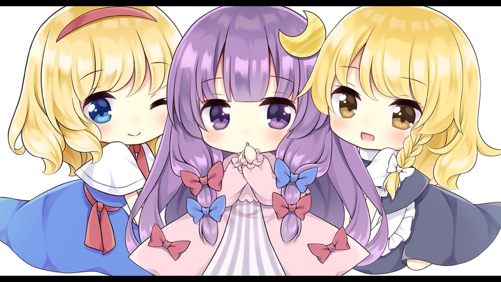 3girls :d :o alice_margatroid apron arms_up bangs black_skirt black_vest blonde_hair blue_dress blue_eyes blush capelet chibi commentary_request crescent crescent_hair_ornament dress eyebrows_visible_through_hair hair_ornament hair_ribbon hairband hand_to_own_mouth hands_together kagome_f kirisame_marisa kneeling letterboxed long_hair long_sleeves looking_at_viewer multiple_girls neck_ribbon no_headwear one_eye_closed open_mouth patchouli_knowledge pink_robe purple_hair red_neckwear ribbon robe sash shiny shiny_hair shirt short_hair short_sleeves simple_background skirt smile striped striped_dress swept_bangs touhou tress_ribbon very_long_hair vest violet_eyes waist_apron white_background white_capelet white_shirt yellow_eyes