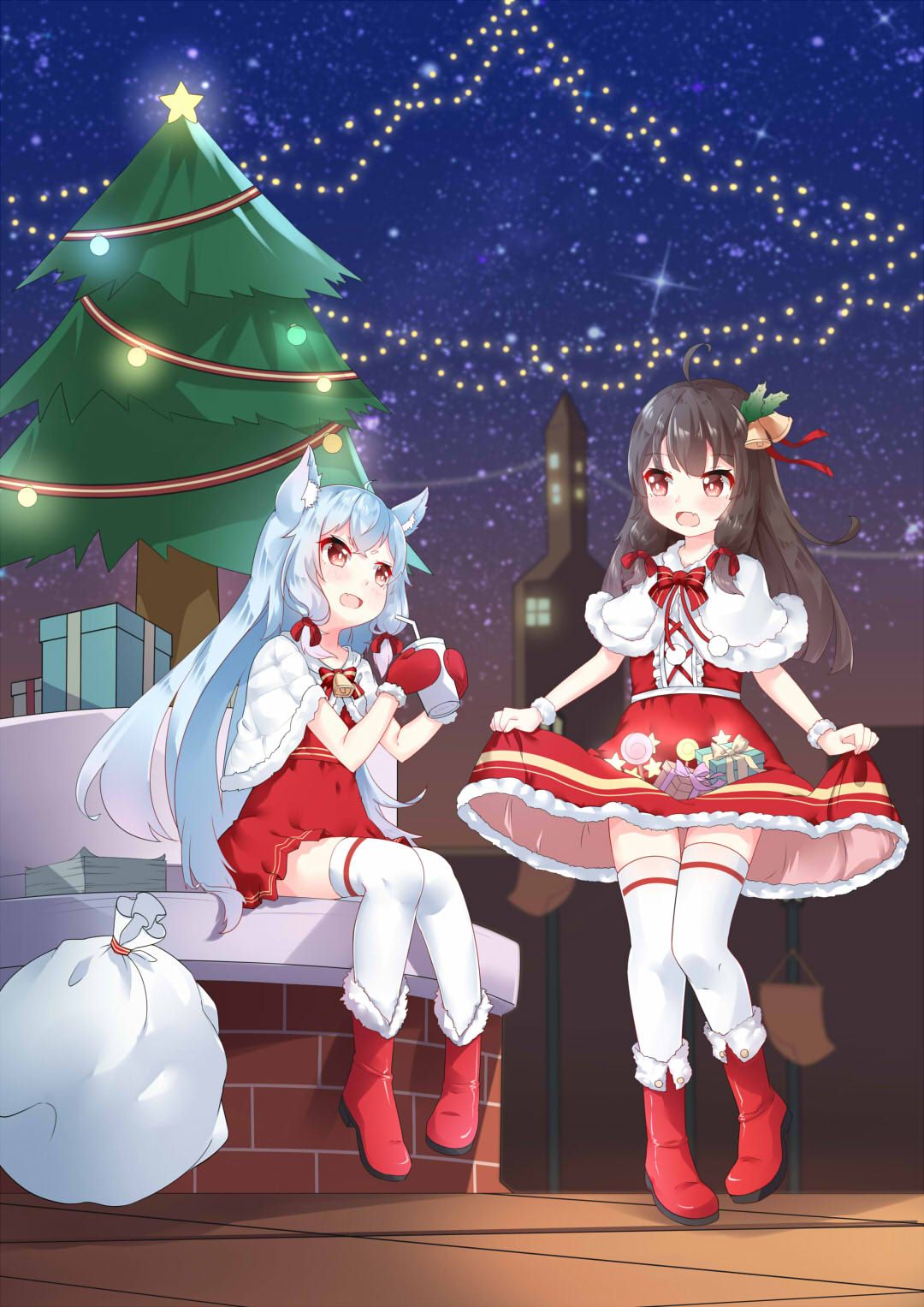 2girls animal_ear_fluff bell blue_hair box brick_wall brown_hair building candy capelet center_frills chihong_de_tianshi christmas christmas_lights christmas_tree commentary_request dress eyebrows_visible_through_hair food frills fur-trimmed_boots fur-trimmed_capelet fur-trimmed_dress fur-trimmed_mittens fur_trim gift gift_box hair_bell hair_ornament hair_ribbon highres lollipop long_hair mittens multiple_girls night night_sky original outdoors red_dress red_eyes red_footwear red_mittens red_ribbon ribbon sack sidelocks sitting skirt_basket sky star_(sky) starry_sky swirl_lollipop thigh-highs thighhighs_under_boots very_long_hair white_capelet white_legwear