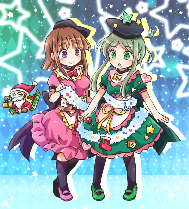 1up 3girls :o argyle argyle_background bangs black_hat black_legwear blonde_hair blue_background blunt_bangs blush bomb bow box breasts brown_hair candy candy_cane christmas christmas_ornaments commentary_request dress eyebrows_visible_through_hair fake_beard fake_facial_hair fake_mustache food gift gift_box green_dress green_eyes green_footwear green_hair hat kneehighs large_breasts matara_okina multiple_girls nishida_satono outstretched_arms parted_bangs pigeon-toed pink_dress pink_footwear pote_(ptkan) puffy_short_sleeves puffy_sleeves purple_legwear red_bow red_hat santa_costume santa_hat shoes short_hair_with_long_locks short_sleeves sidelocks smile socks standing star teireida_mai touhou violet_eyes yellow_bow